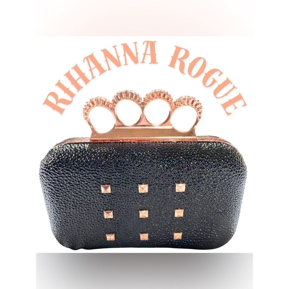 Rihanna Rogue Rose Gold Knuckles Clutch Black Hard Shell Studded Purse
